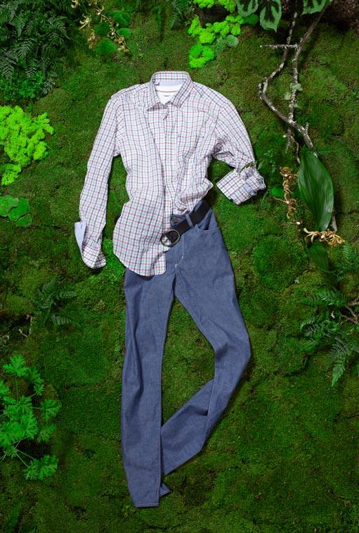 IVY BY LIPSON spread collar plaid in pink, mint, and navy, $235. CITIZENS OF HUMANITY Sid 5-pocket straight leg denim in chambray, $192. LEFT COAST TEE short-sleeve crewneck in white, $65. TORINO casual leather belt with oval buckle, $75.